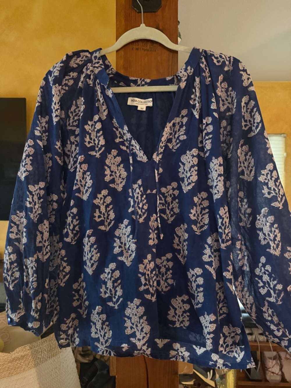 Emerson Navy Blue Floral Peasant Blouse - Women's Top